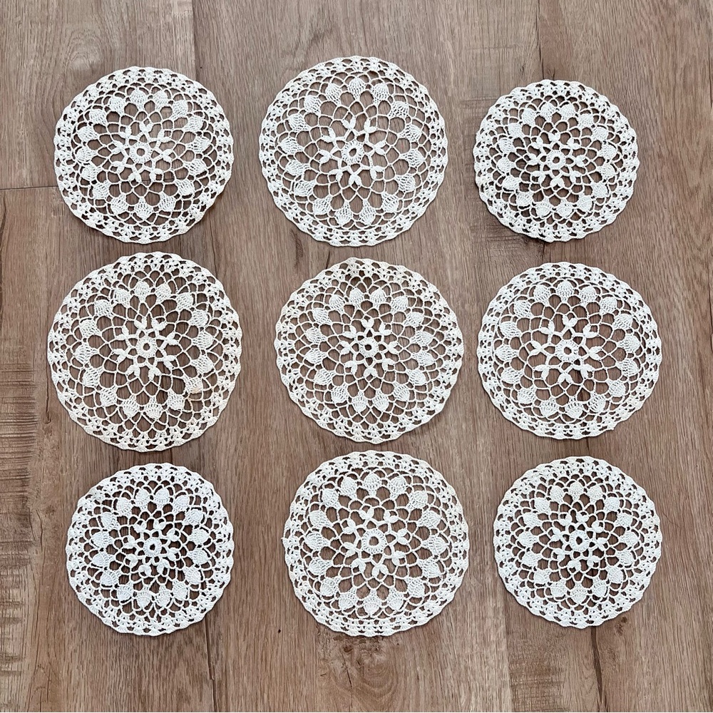 9 PCs Vintage Crochet Lace Doilies‎ Coasters Ivory 5”, 4.5” - Wedding Home Decor